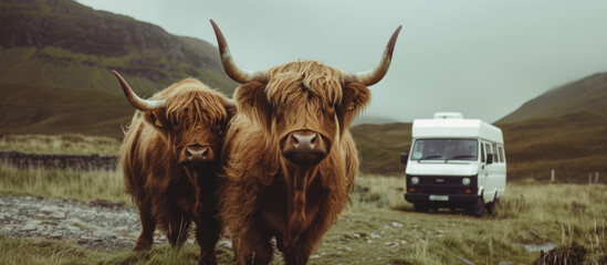 Highland Cattle in Foreground with Camper Van and Hills in Background