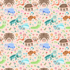 Seamless modern pattern with different cute insects. Vector ornament