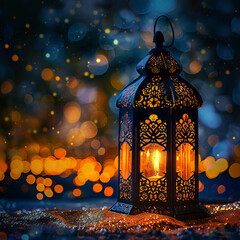 Ornamental Arabic lantern with burning candle glowing at night and glittering golden bokeh lights. Festive greeting card for Muslim holy month Ramadan Kareem.