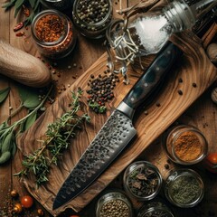 A wooden cutting board with a knife on it and a variety of spices. The spices include pepper, salt, and herbs. Concept of cooking and preparing food