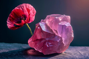 A striking red Papaver stands out against a sharp, translucent pink crystal, symbolizing strength and resilience - obrazy, fototapety, plakaty