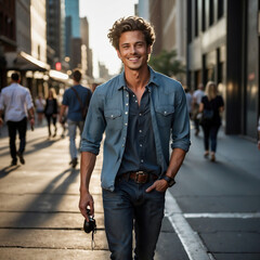 Entspannter Mann mit Jeanshemd lächelt beim Flanieren in einer Fußgängerzone - obrazy, fototapety, plakaty