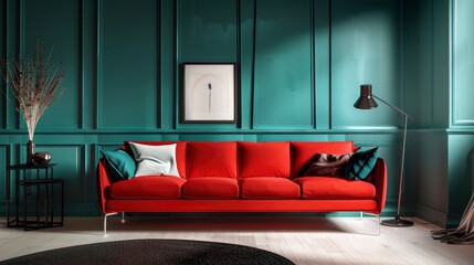 A red couch sits in a living room with a blue wall. The couch is surrounded by pillows and a vase. The room has a modern and minimalist design, with a focus on the couch as the main focal point