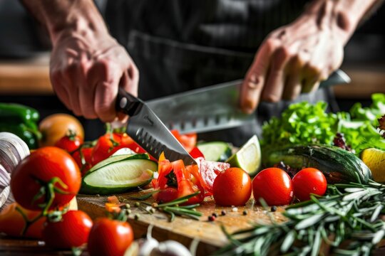 A man is cutting vegetables on a cutting board. The vegetables include tomatoes, cucumbers, and peppers