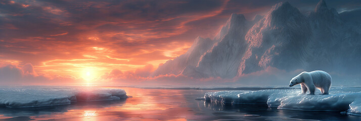 polar white bear in Arctic ice in winter at sunset. Panoramic landscape
