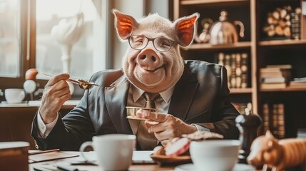 Pig in formal attire dining at desk in a business setting, animal in suit eating at table
