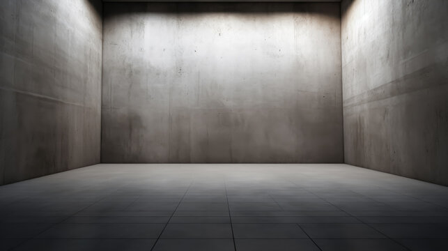 A large empty room with a concrete wall. The room is empty and has no furniture or decoration. The walls are bare and the floor is made of tiles