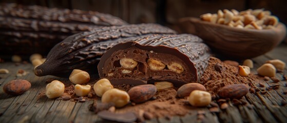   A couple of chocolates sit on a wooden table, near nuts and a bowl of them