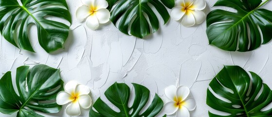   A field of white blossoms surrounded by emerald foliage on a pure white backdrop, featuring space for text on the image's left edge - obrazy, fototapety, plakaty
