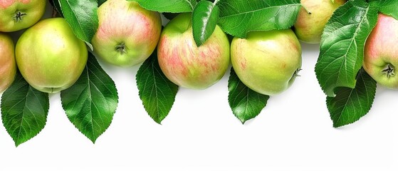  A collection of green-leafed apples against a pure white backdrop, featuring space for text in the bottom right corner - obrazy, fototapety, plakaty