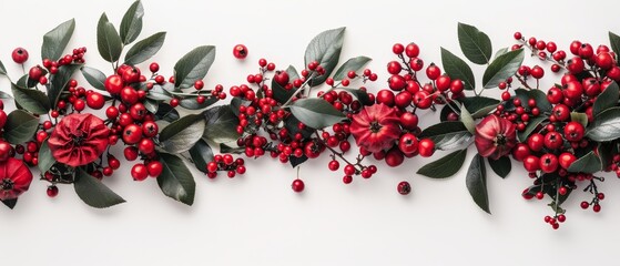   A white background with red berries and green leaves