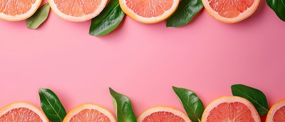   Pink background with halved grapefruits, green leaves, and surrounding foliage