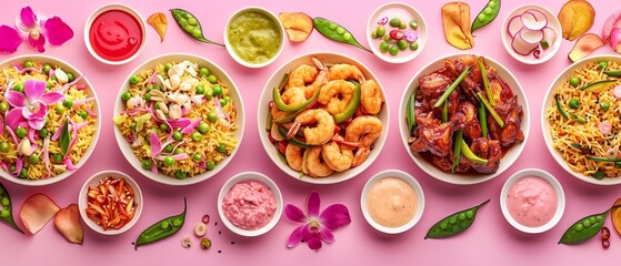   Tabletopped with bowls of assorted foods, dipping sauces and sauces