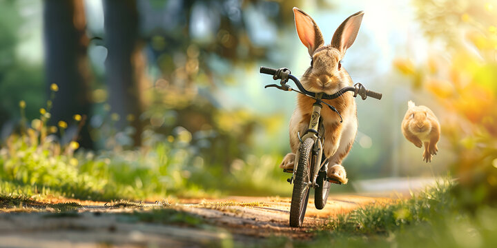 A cute cheerful rabbit holds an egg and rides a bicycle rabbit in colorful sunglasses sitting with Easter eggs in a basket on a bike.
