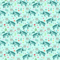 Fototapeta na wymiar Seamless pattern with cute cartoon mantises on a green background. Vector