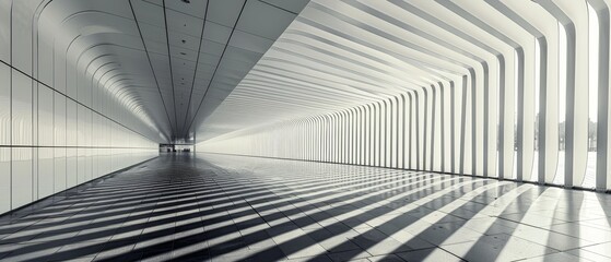   A monochrome picture of a building's tunnel with numerous rays of light emanating from its upper end - obrazy, fototapety, plakaty