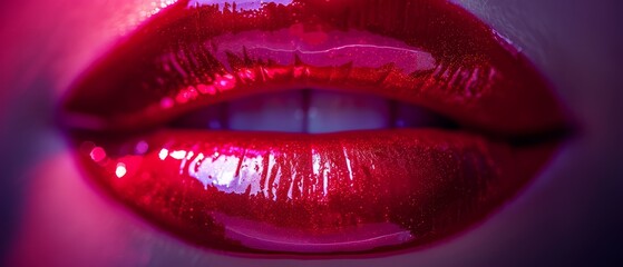   A woman's lips up close with glitter on both the upper and lower lip - obrazy, fototapety, plakaty