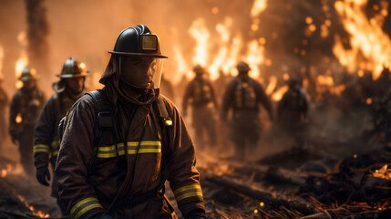 Firefighters in protective gear march towards a forest flames. Generative AI