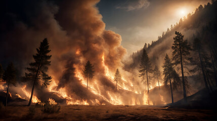 Amidst the chaos of a raging forest fire, flames consume trees. Generative AI - obrazy, fototapety, plakaty