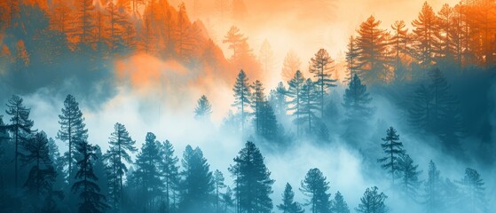   A forest with numerous trees in the foreground and an orange sky in the background - obrazy, fototapety, plakaty