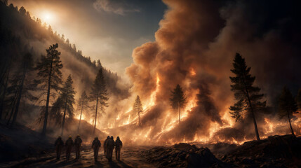 Amidst forest of raging blaze, firefighters with protective gear. Generative AI - obrazy, fototapety, plakaty