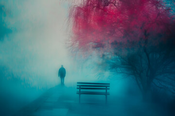 A lonely blurred male silhouette near a bench at foggy misty place. A blur art of a man figure walking in a rainy park in blue and pink colors. Concept of loneliness and missing lovely one. - obrazy, fototapety, plakaty
