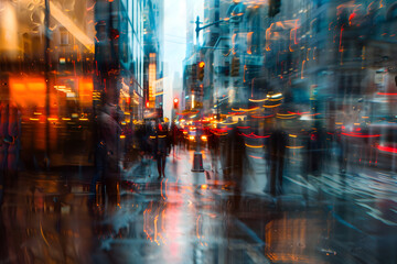 Abstract blurred silhouettes of people in rain on night street in impessionist style. Concept of modern city for a poster, for music album or book covers - obrazy, fototapety, plakaty