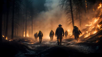 Fotobehang Firefighters clad in protective gear stride towards a raging fire, Generative AI © REC Stock Footage