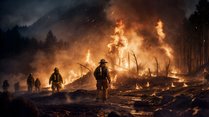 Firefighters clad in protective gear stride towards a raging fire, Generative AI