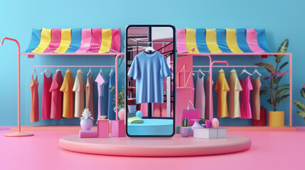 Mobile phone and augmented reality app combo, creating a popup boutique for exclusive apparel previews , 3D illustration