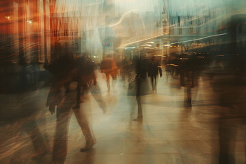 Abstract blurred silhouettes of people in a misty foggy abstract place in impessionist style for a poster, for music album or book covers
