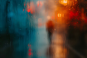 A lonely blurred silhouette at rainy misty night street. A blur art of a man figure view through the misty foggy glass with drops and rain streams on it. Concept of loneliness in city.