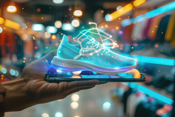 Hand holding mobile phone, augmented reality shopping app projecting holographic shoes in midair , 3D illustration - obrazy, fototapety, plakaty