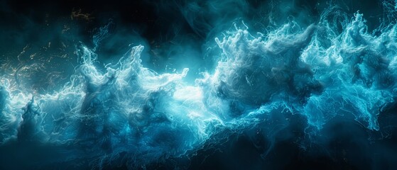  A digital art piece featuring a vibrant wave of blue and white paint against a dark backdrop, appearing as an abstract painting