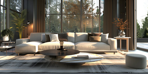 Blurred background minimalist living room. Fabric sofa, wooden furniture and parquet floor. Modern interior design, 3d illustration