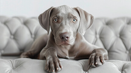 Portrait of an elegant Weimaraner with gray fur on a tufted sofa.