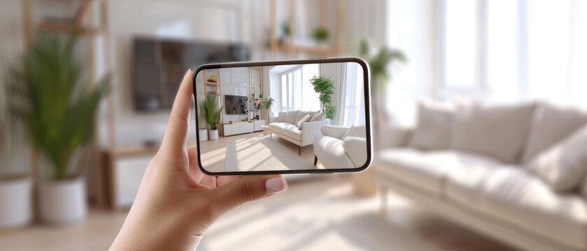 Handheld mobile phone, augmented reality app visualizing home decor in a minimalist living space , 3D illustration