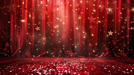 Majestic red stage curtains with glittering stars and spotlights. A theatrical and festive background ready for performance. Elegant event backdrop. AI