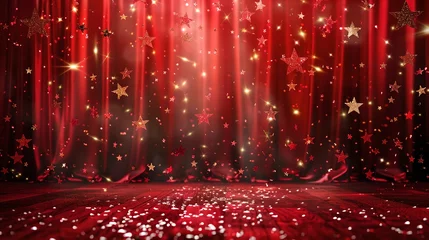 Fotobehang Majestic red stage curtains with glittering stars and spotlights. A theatrical and festive background ready for performance. Elegant event backdrop. AI © Irina Ukrainets