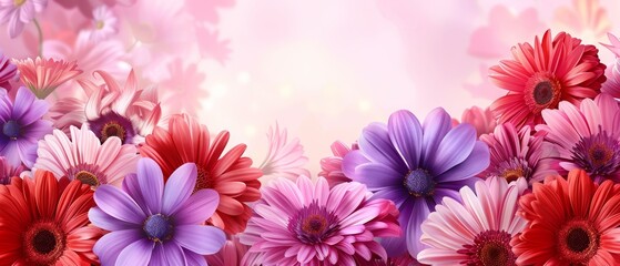    multiple vibrant flowers against a pink-red backdrop, with soft focus lighting in the background