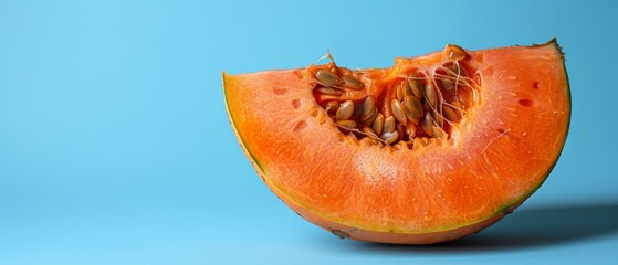   Half-cut cantaloupe with a bite on blue background