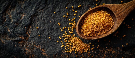   Wooden spoons filled with yellow kernels on black stone surfaces - obrazy, fototapety, plakaty