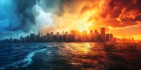 Impact of Climate Change: Urban Areas Affected by Extreme Weather Events such as Hurricanes or Wildfires. Concept Climate Change, Urban Areas, Extreme Weather Events, Hurricanes, Wildfires - obrazy, fototapety, plakaty