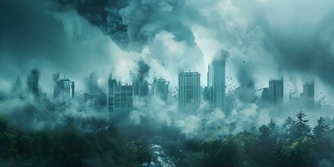 Effects of climate change extreme weather events like hurricanes or wildfires impacting urban areas. Concept Urban Resilience, Extreme Weather, Climate Change Impacts - obrazy, fototapety, plakaty