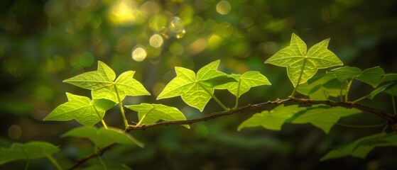 Fototapeta na wymiar Green leafy branch lit by sun rays