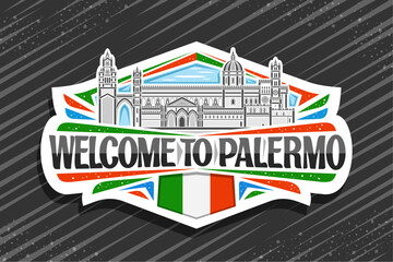 Vector logo for Palermo, white decorative signage with illustration of roman catholic archdiocese of palermo on day sky background, line art design refrigerator magnet with words welcome to palermo - obrazy, fototapety, plakaty