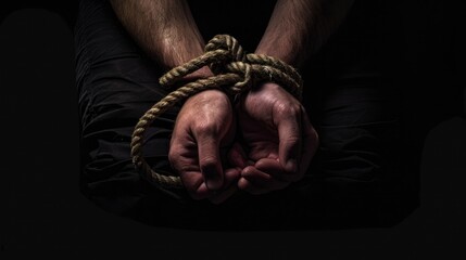 A man is tied up with a rope. The rope is wrapped around his hands and feet. The man is sitting on a chair