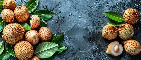   A cluster of fruits resting atop a table alongside foliage and droplets of water on a dark background