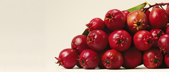   A group of pomegranates stacked atop one another, featuring a lush green leaf resting on top