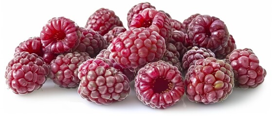   A collection of raspberries arranged on a white surface against a white backdrop